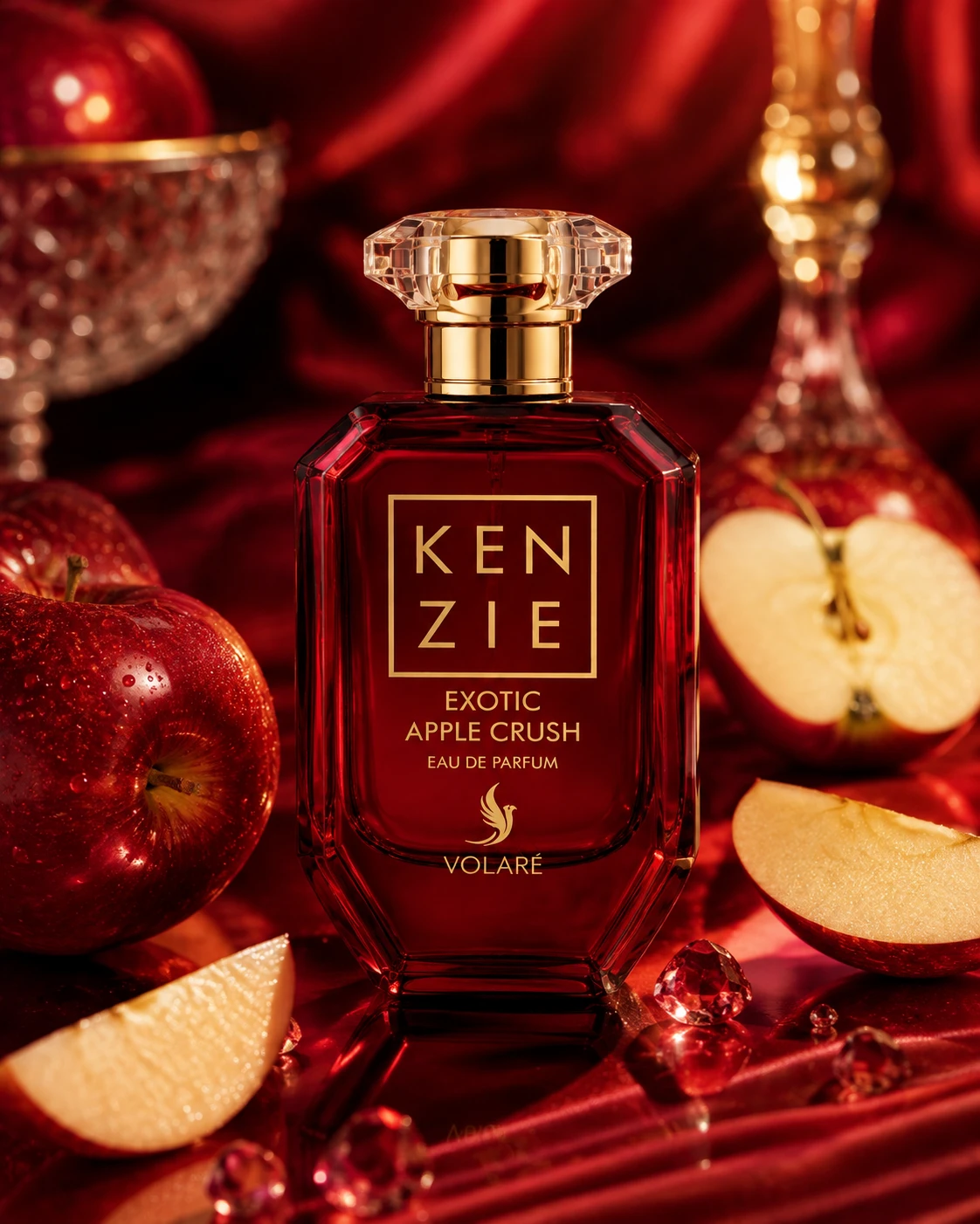 Exotic Apple Crush, Volaré : le flacon posé sur un drapé rouge avec des pommes