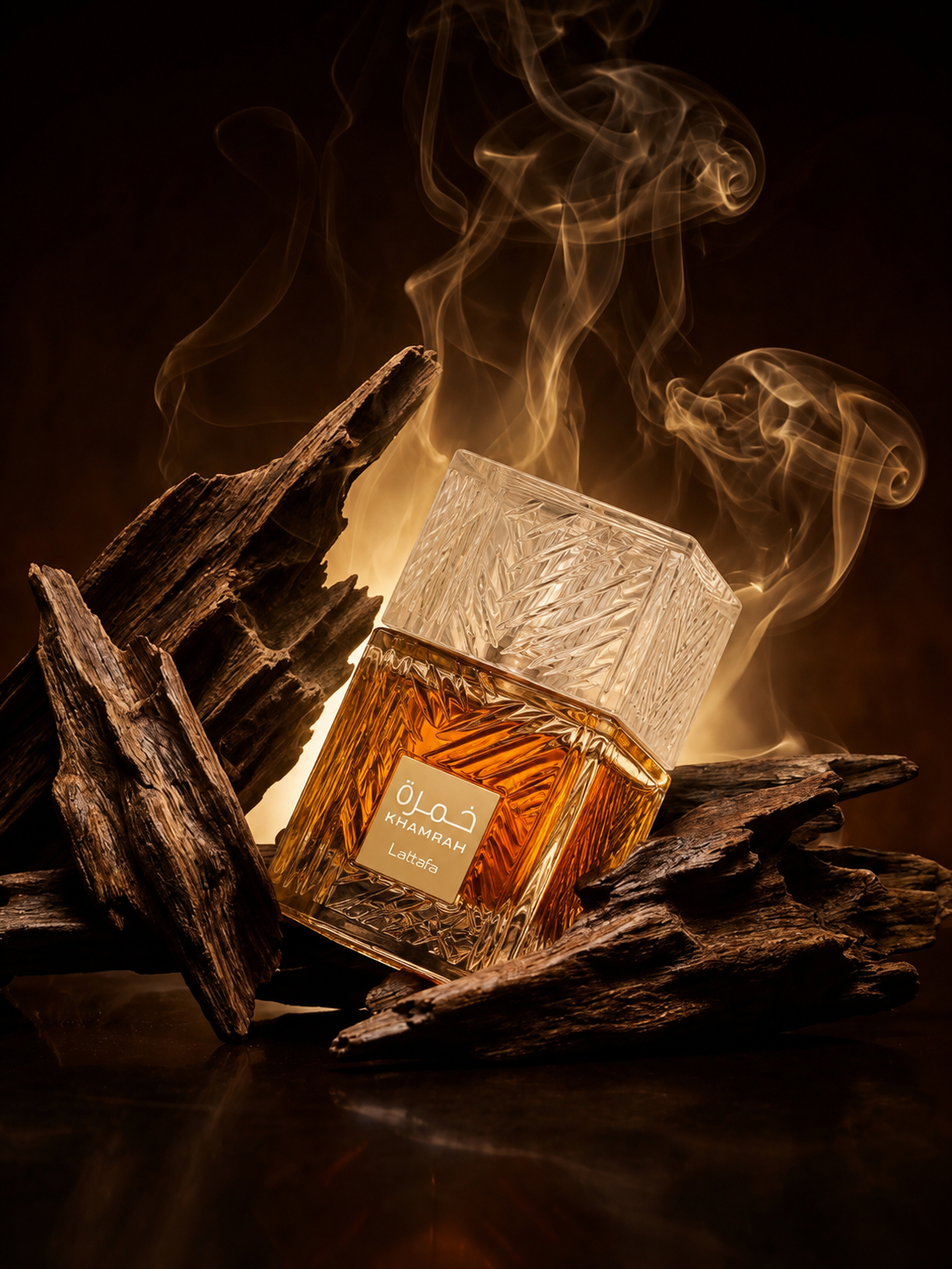 Khamrah, Lattafa : le flacon parmi des bûches de bois d'oud